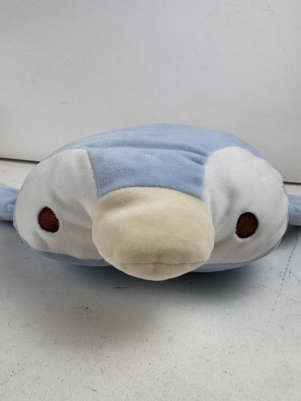 Daiso Blue Penguin Plushie Laying Down Belly Pillow Stuffed Toy Flat 13x13 in